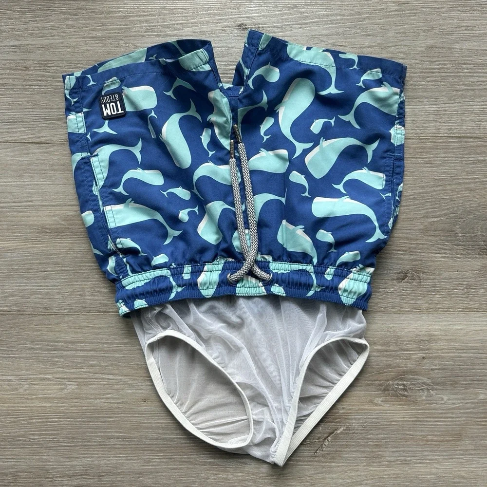 Boys Tom & Teddy Lined Swim‎ Trunks Size 3/4 Blue with Blue Sharks Colorful